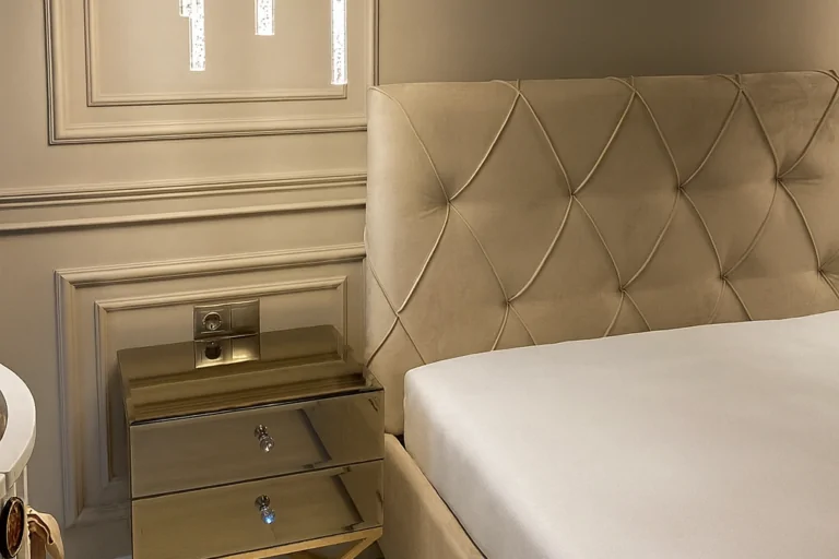 Camera de dormit luxoasă cu accente aurii